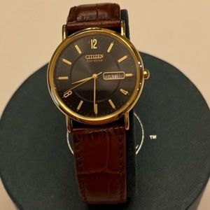 Citizen Men Quartz Eco Drive Gold Tone w/ Black Face Brown Leather Strap Watch